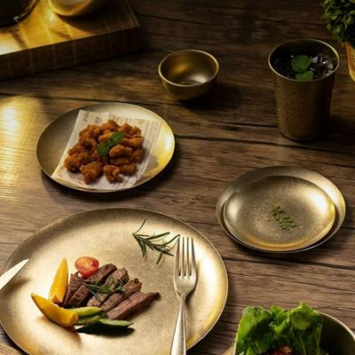 Gold Vintage Stainless Steel Round Plate Outdoor Camping Western Food Tray French Fries Dessert Restaurant Bone Dish Tableware