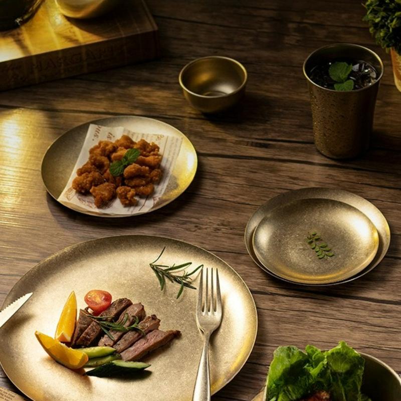 Goldener Vintage Edelstahl Runder Teller Outdoor Camping Western Essen Tablett Pommes Frites Dessert Restaurant Knochenteller Geschirr