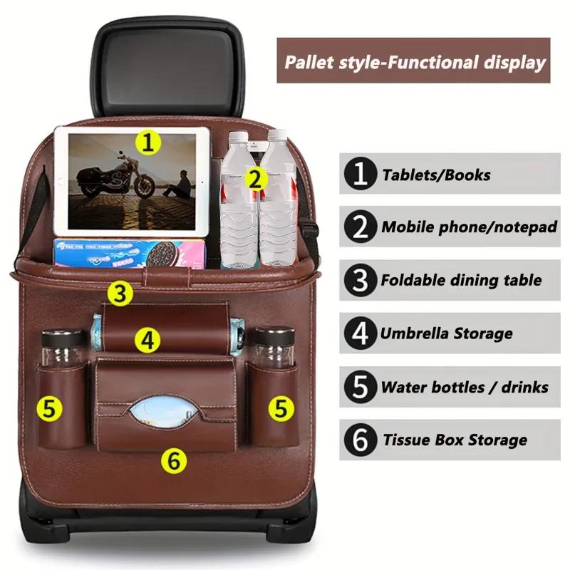 Luxury PU Leather Car Seat Storage Bag - Multifunctional Suspended Tray With Handle Ideal for Snacks Books & Toys Organizer