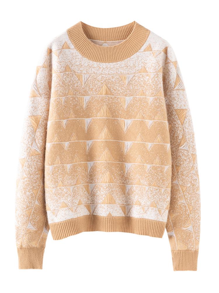 2025 Autumn/Winter Women's Pure Australian Wool Jacquard Sweater - Thick, Cashmere-Feel, Half-High Neck, Loose Fit.