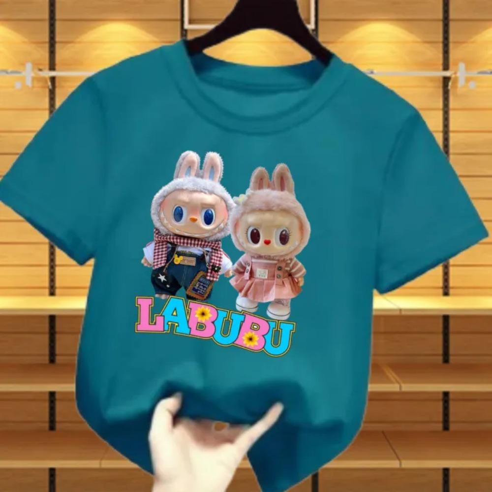 New Labubu Children's T-shirt Scarf LABUBU and Skirt LABUBU Pattern Girl Round Neck Short Sleeve Casual Versatile Clothing