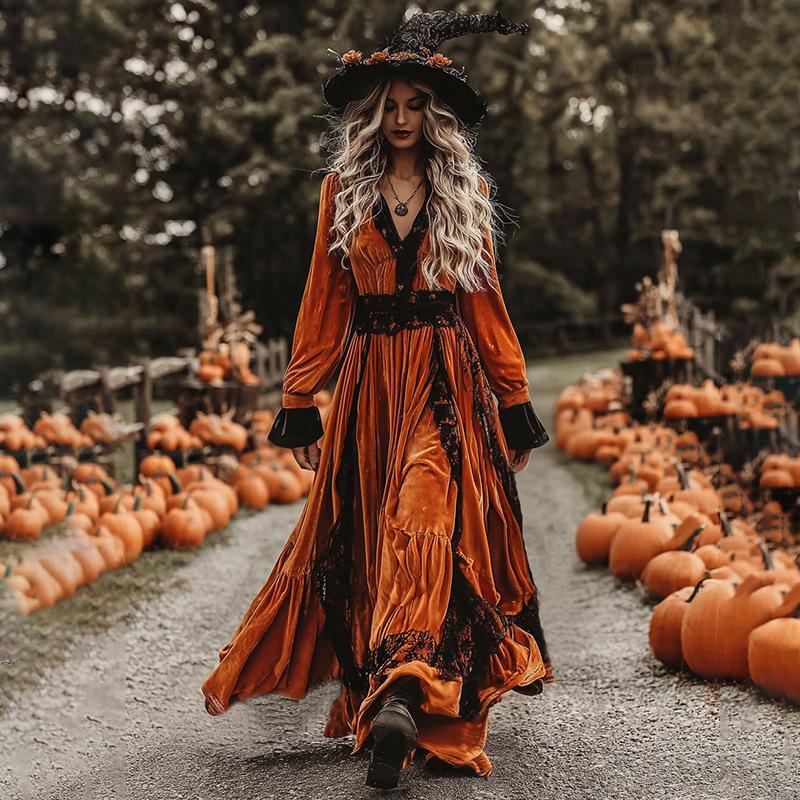 New Women's Autumn Dress Long Sleeve Halloween Dress V-Neck Splicing