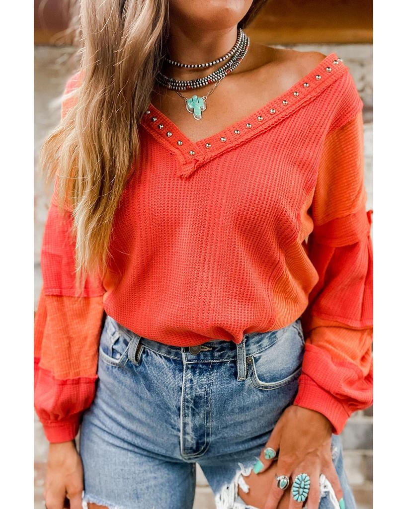 Azura Exchange Red Studded V Neckline Exposed Seam Textured Knit Top