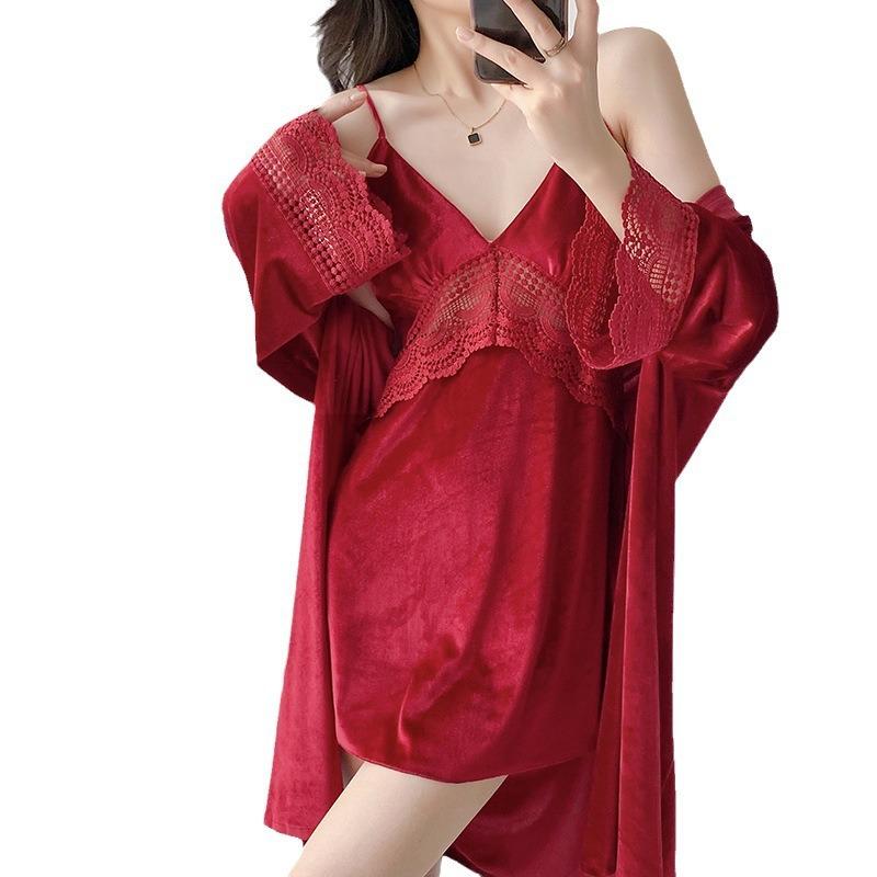 Women's pajamas spring and autumn new golden velvet suspender nightgown two-piece set luxury noble loungewear can be worn outside