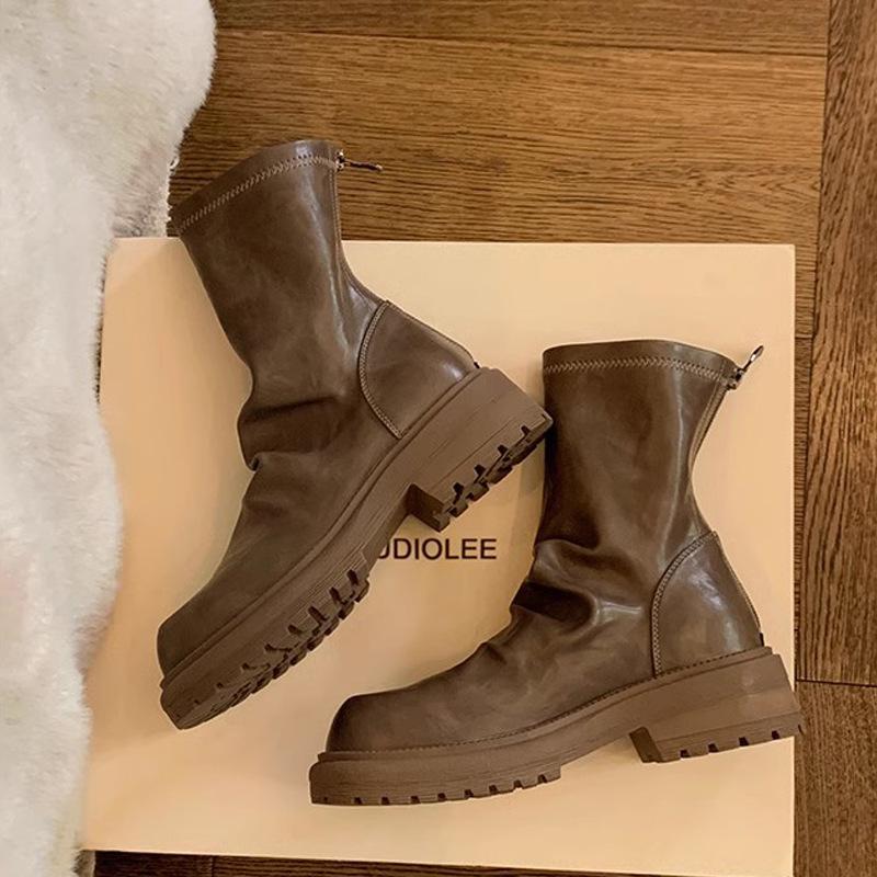 

Autumn and winter new fashionable thick heel thick sole thin boots round head pleated back zipper pile short boots women 40
