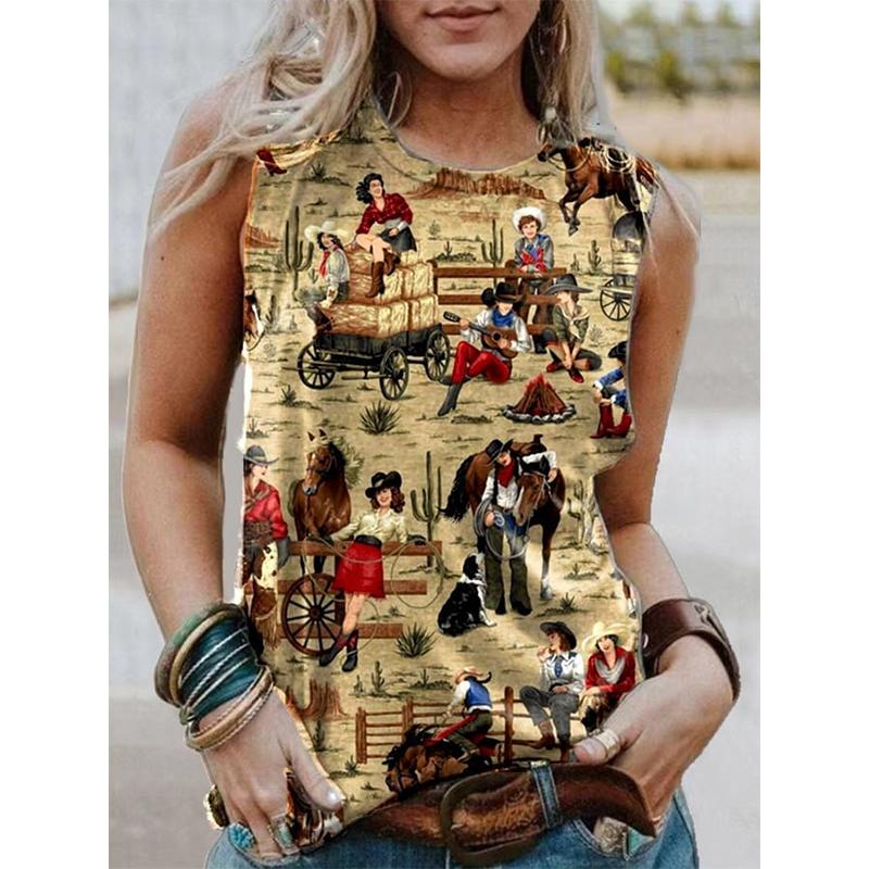 New retro western denim sleeveless T-shirt with women's 3D horse print, round neck and off shoulder vest, Y2K sleeveless T-shirt, women's clothing