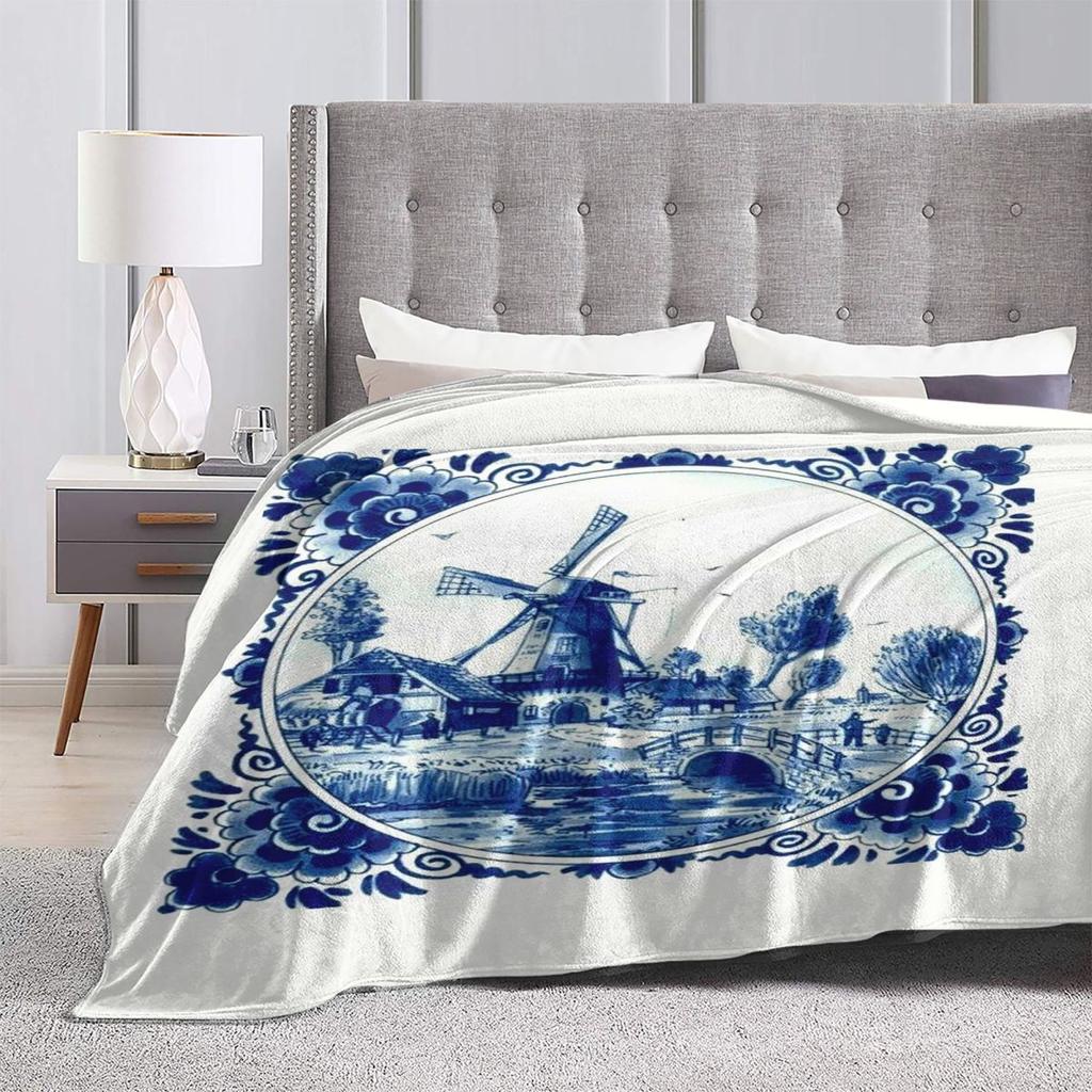 Niederländisch Blau Delft Vintage Windmühle Decke Weich Warm Flanell Überwurf Decke Tagesdecke für Bett Wohnzimmer Picknick Reisen Zuhause Couch