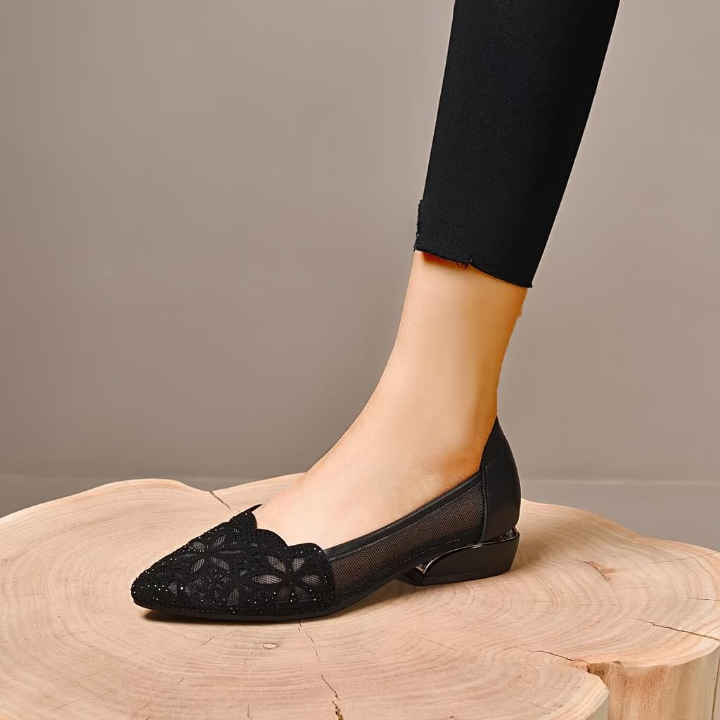 Women's Summer Soft-Sole Sandals Women's Mesh Soft-Leather Flats Low-Cut Leather Shoes Chunky-Heel Round-Toe Openwork Shoes