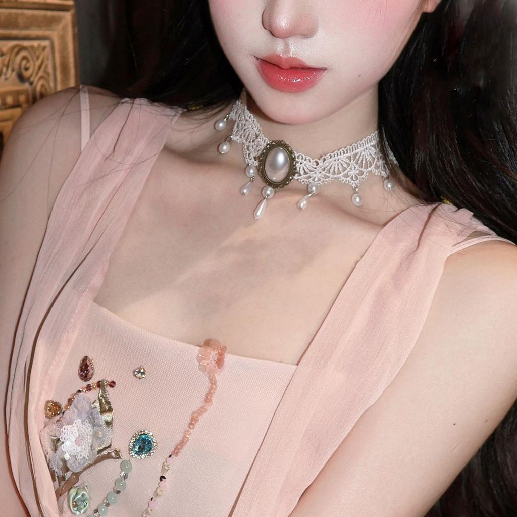 Pure Desire Wind White Lace Flower Tassel Necklace Vintage Court Wind Pearl Neck Strap Sweet Lolita Collarbone Chain
