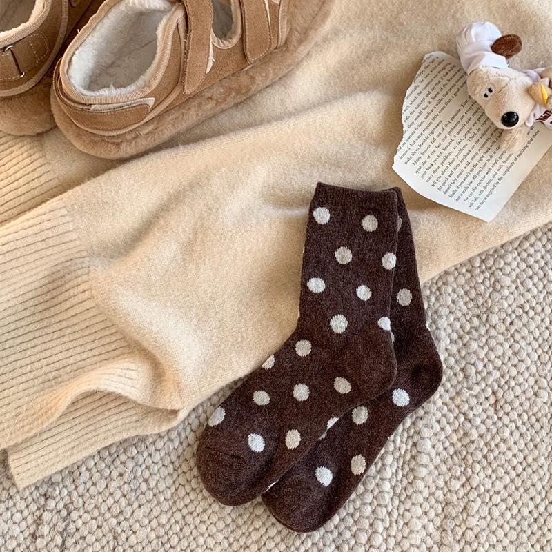 Women's Mid-Calf Polka Dot Brown Wool Socks - Warm, Thickened, Japanese Style for Fall/Winter