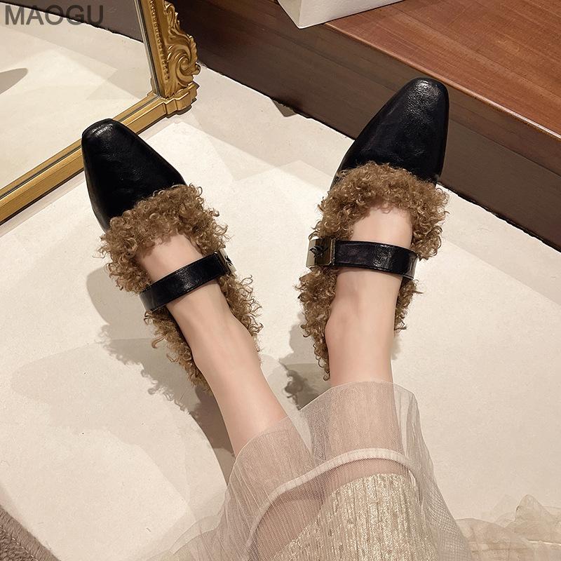 Autumn Winter Women's Low Heel Mary Jane Shoes Square Toe Fuzzy French Retro Style Plush Pumps Vintage Comfortable Footwear