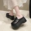 Fashion 8CM Women Leather Sandals New Ladies Shoes Woman Pumps Women Cross-strap Slides Platform Shoes Heels Slip On Round Toe Slippers