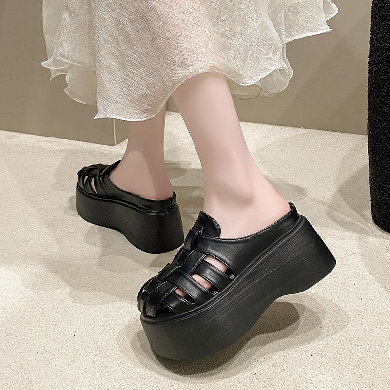 Fashion 8CM Women Leather Sandals New Ladies Shoes Woman Pumps Women Cross-strap Slides Platform Shoes Heels Slip On Round Toe Slippers