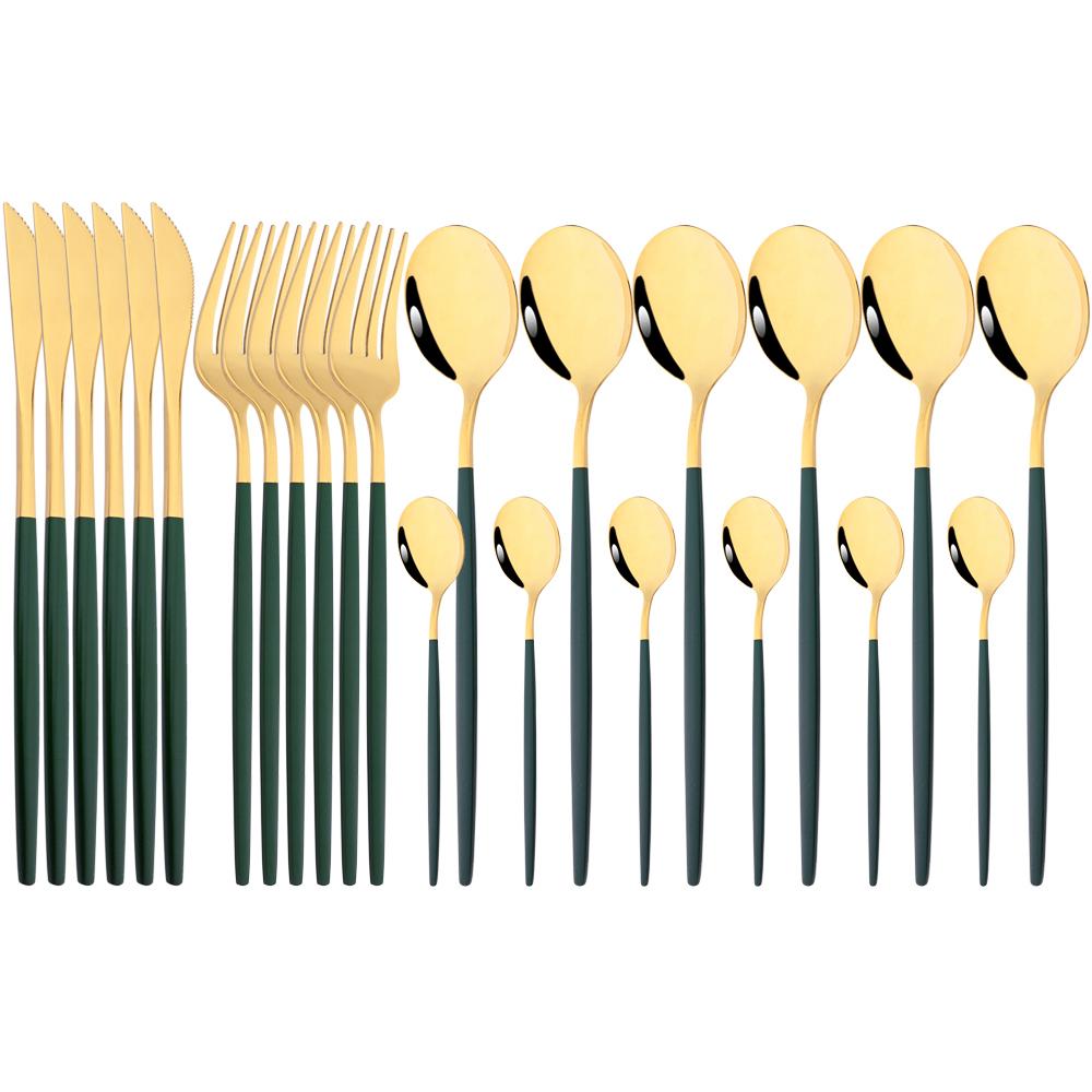 24Pcs Cutlery Stainless Steel Tableware Mirror White Gold Dinnerware Set Western Knife Fork Spoon Flatware Kitchen Silverware