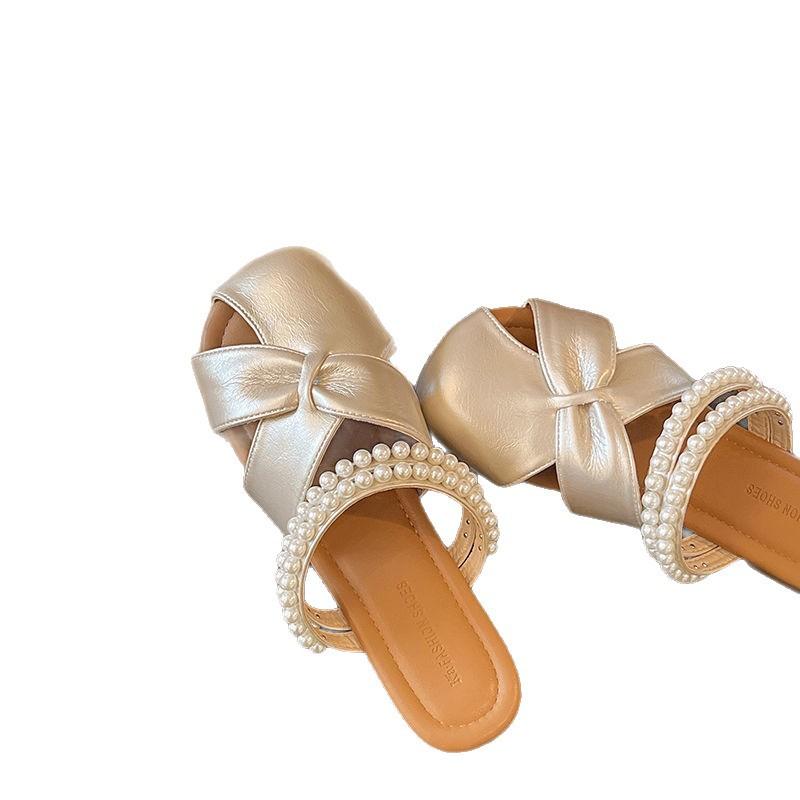 Beaded soft bottom flat bottom bag head half slippers women's summer wear 2025 new beautiful with skirt one word cool slippers