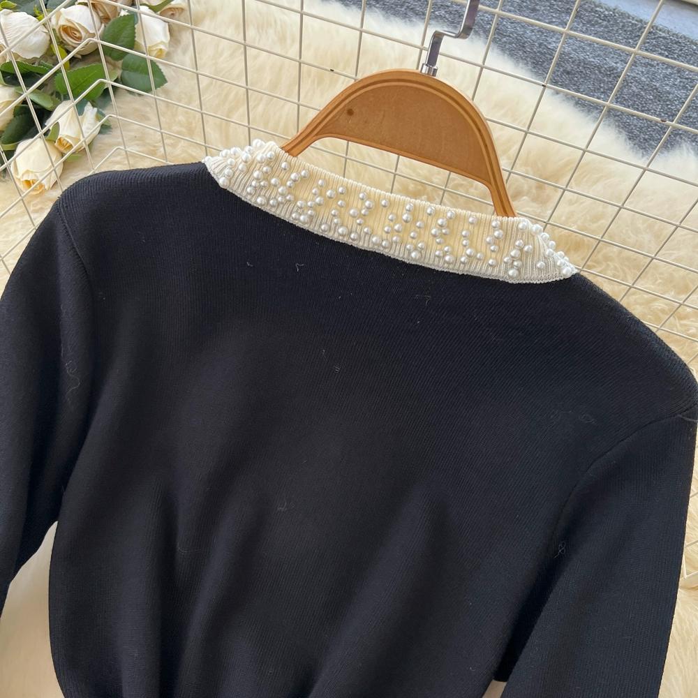 Autumn Winter Women Vintage Black Knitted Sweater Pullover Dresses with Beading