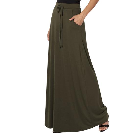 Women Maxi Skirt Adjustable Drawstring High-Waisted Solid Color Long Skirt with Pockets Casual Work Skirt