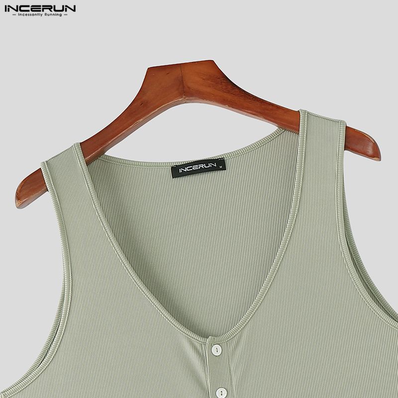 INCERUN Summer Men V Neck Sleeveless Ribbed Casual Loose Tank Tops