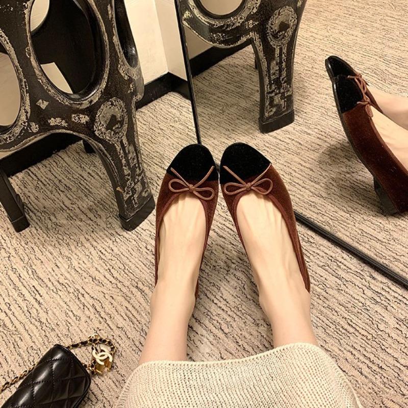 Sheepskin version of classic round head bow velvet tweed shallow mouth flat bottom single shoes women