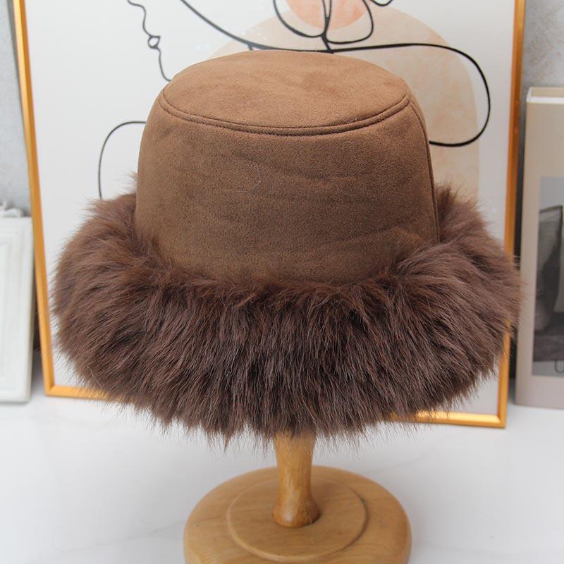 High-end double-sided wearing imitation rabbit fur bucket hat women's autumn and winter suede thermal basin hat shows a small face flat top Mongolian