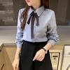 Preppy Style Bow Button Solid Color Sanding Shirt Spring Autumn New Peter Pan Collar Long Sleeve Loose Top Women's Clothing