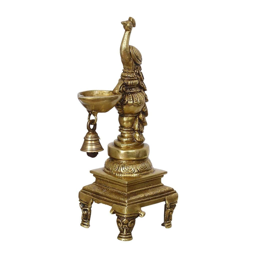 Antique Finish Decorative Handcrafted Brass Peacock Showpiece Diya With Bell And Stand, 13 Cm, 26 Cm, 9 Cm