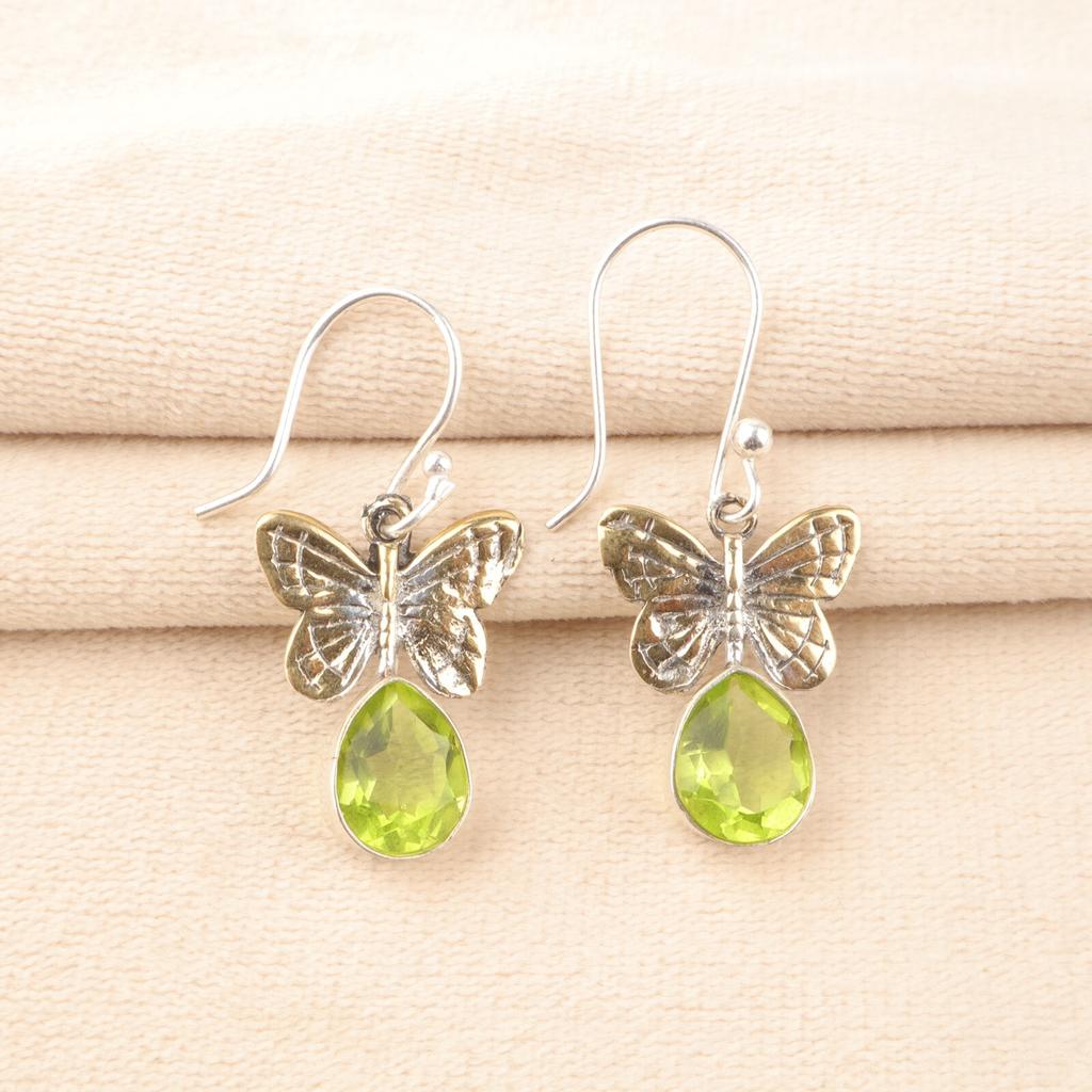 Natürlicher Peridot Edelstein 925 Sterling Silber Handgefertigt Hängeohrringe 1,3" EE-155-2