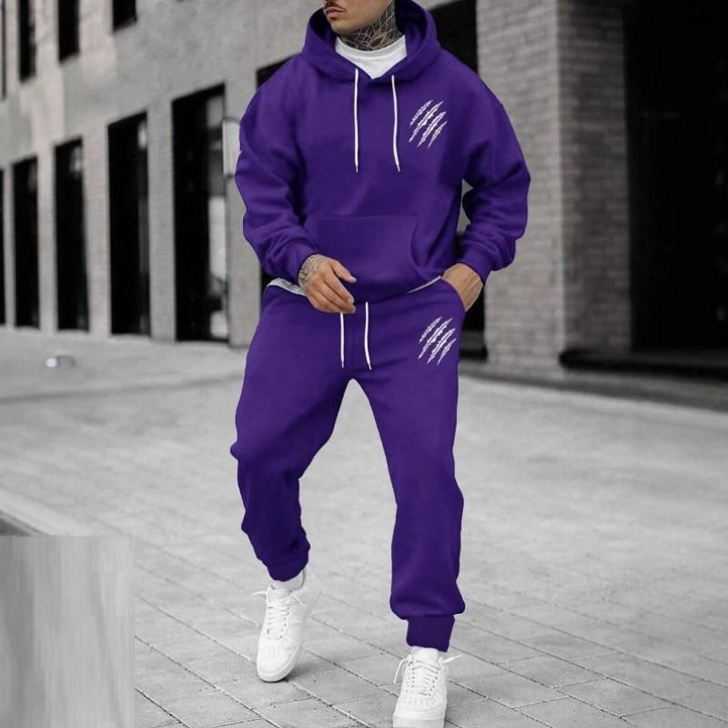 Mens Winter Hooded Sweatshirt Pants Set With Animal Paw Print Sporty Casual Streetwear