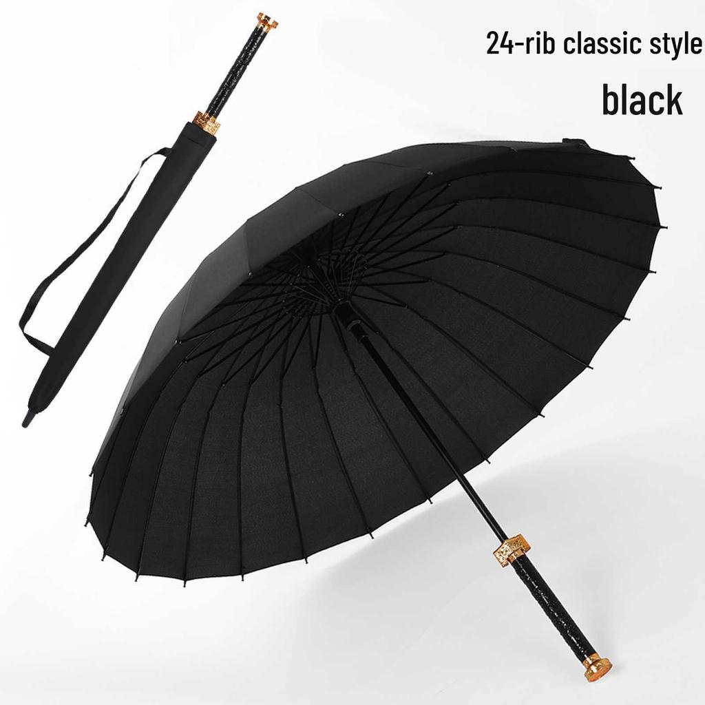 Men's Reinforced Long Handle Umbrella with Reflective Strips - Trendy Design for Sun and Rain