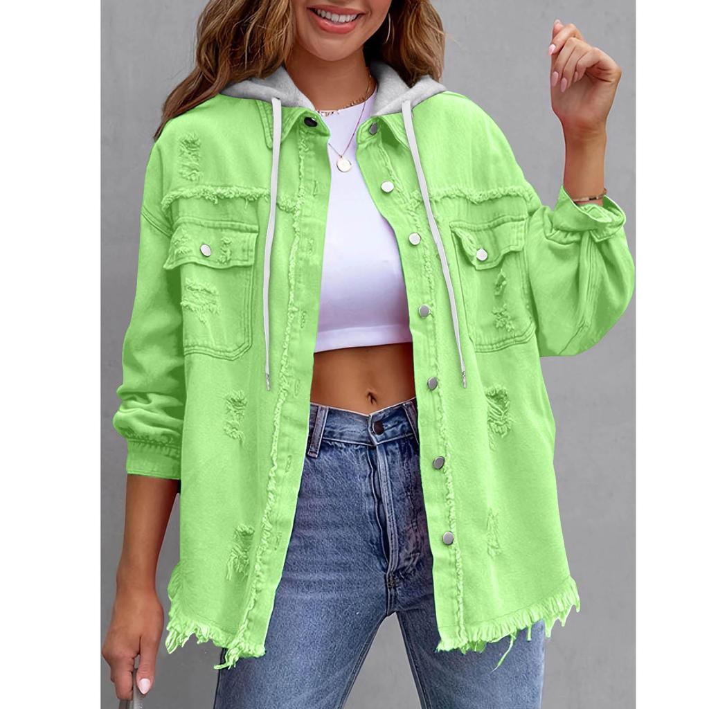 New Denim Hooded Jacket, Women's Solid Color Loose Jacket, Ripped Long-sleeved Women's Denim Shirt
