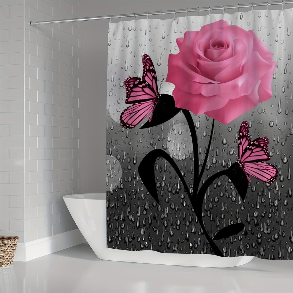 4 STK Luksus Sommerfugl Dusjforhengsett Geometriske Striper Draperier For Baderomstilbehørsett Badekarforheng Med Kroker Vanntett