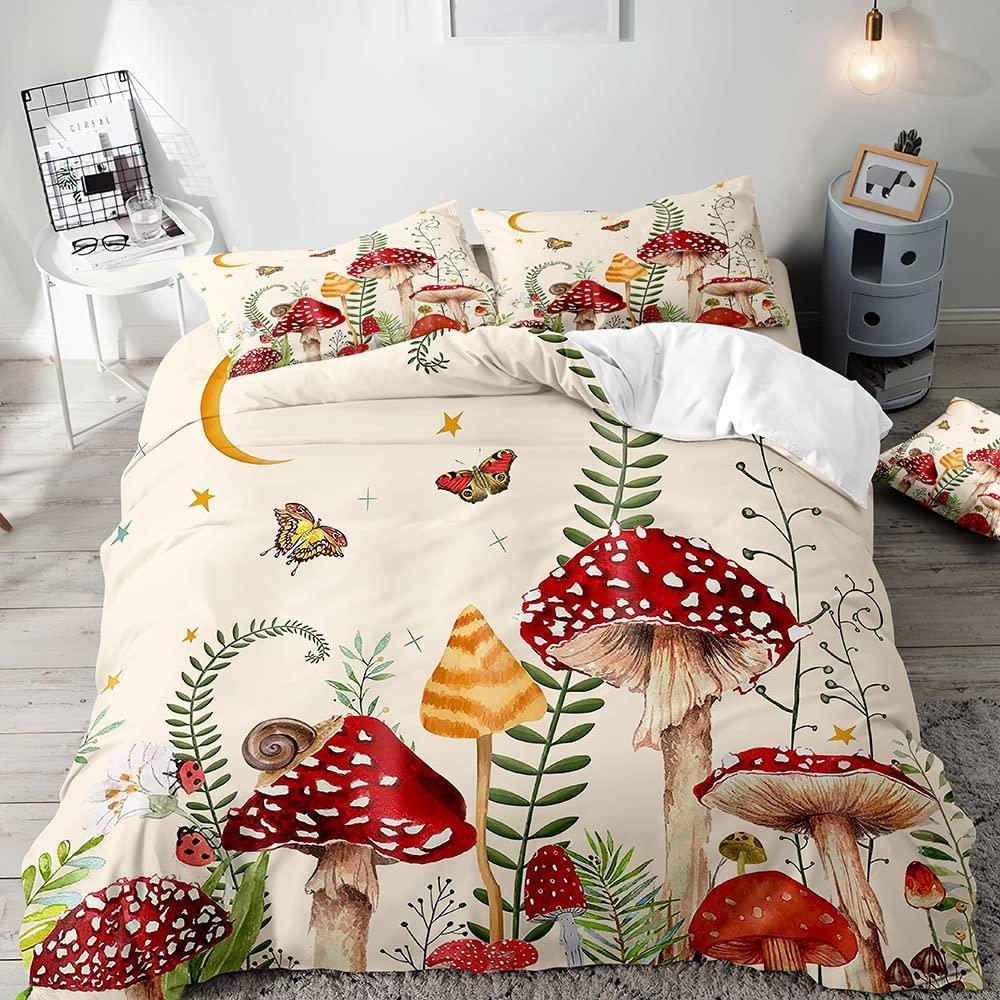 Trippy Mushroom Duvet Cover Set,Hippie Skull Bedding Set,Butterfly Moth Moon Phase Constellation Astrology Botanical Boho Theme