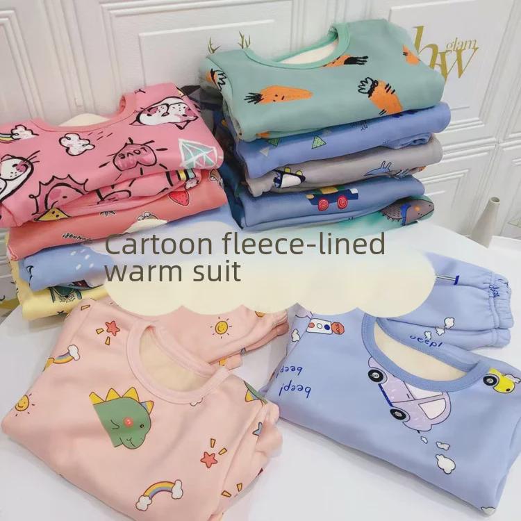 Sada dětského plyšového termoprádla - Chlapecký a dívčí teplý podzimní/zimní dvoudílný oblek