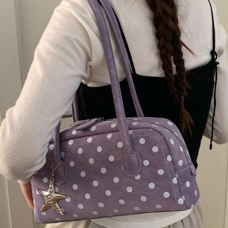 Korean Style Polka Dot Handbag Retro Bowling Bag Large Capacity Shoulder Bag Casual And Simple Underarm Bag With Star Charm