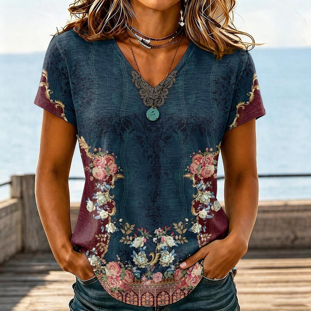 Women Casual V Neck Floral Print T Shirt Short Sleeve Lightweight Loose Fit Top for Everyday Wear