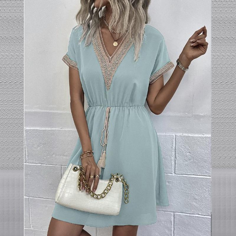 Spring V-Neck Smocked Dress - Lace Trim Short Sleeve Solid