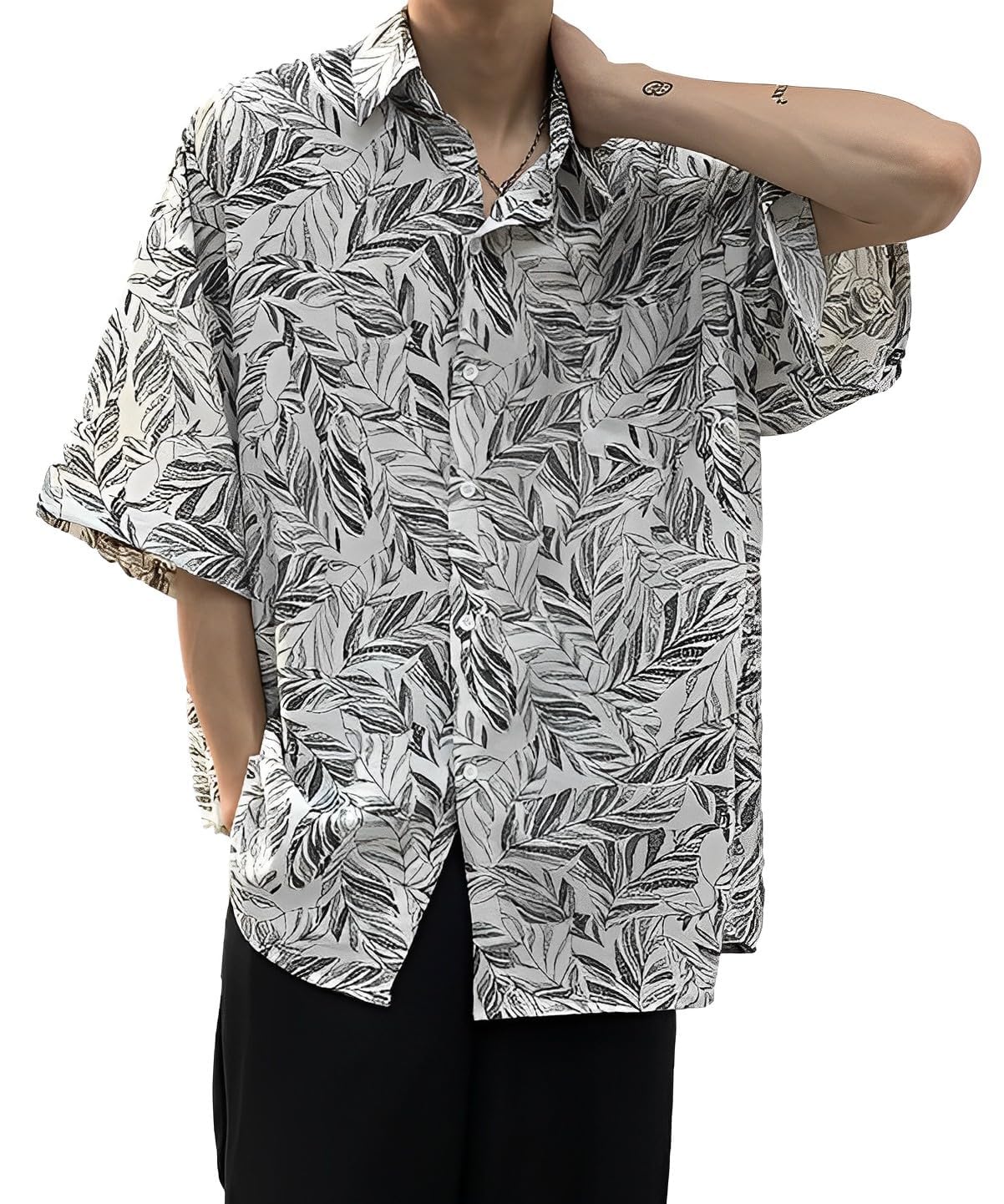 

Stylish Aloha Short Leaf [Four leaf] Men s Shirt, Sleeve, Summer, White,