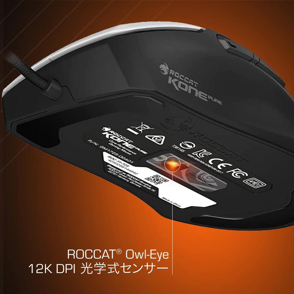 ROCCAT Kone Pure Wired Gaming Side Windows 7 or later Japanese Owl-Eye Mouse, Braided, White, Optical, 12K, Buttons, 88g, FPS, RGB, [Official