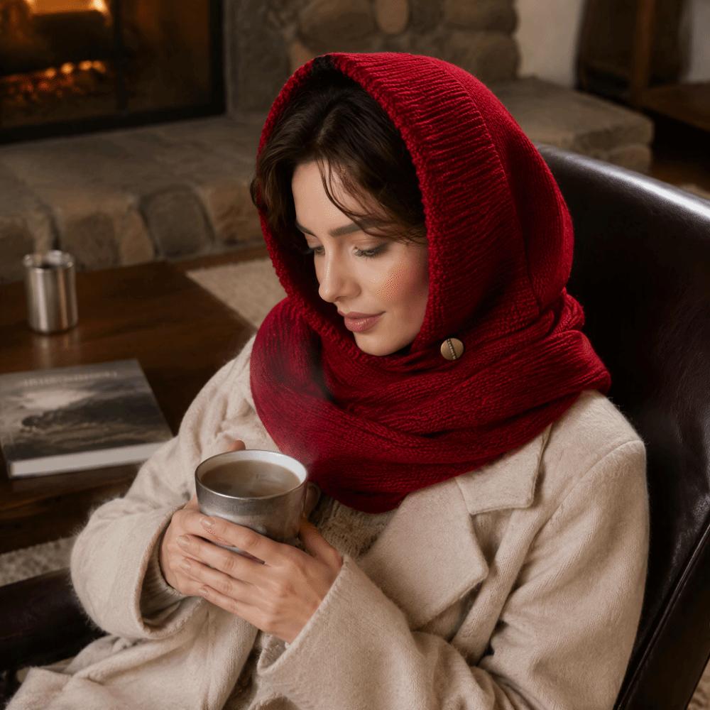 Solid Color Knitted Hooded Scarf Beanie Cross Hooded Cap Cute Hat and Scarf 2-in-1 Outdoor