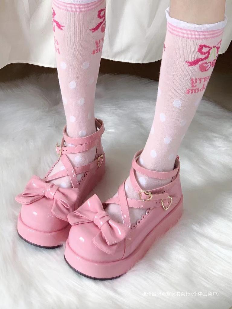 Spot | Sweetheart Fudge | Original lolita platform cross strap cute round head flat bottom doll bow lo shoes