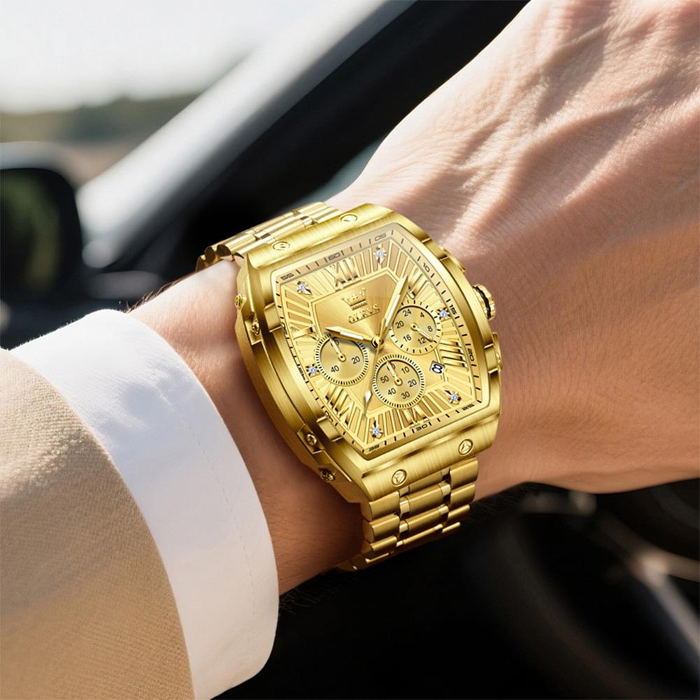 Tonneau Chronograph Men's Watches 30m Waterproof Quartz Original Wristwatch Stainless Steel Luminous Watch
