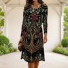 Women Plus Size Long Sleeve Round Neck Black Green Gold Printed A Line Dress