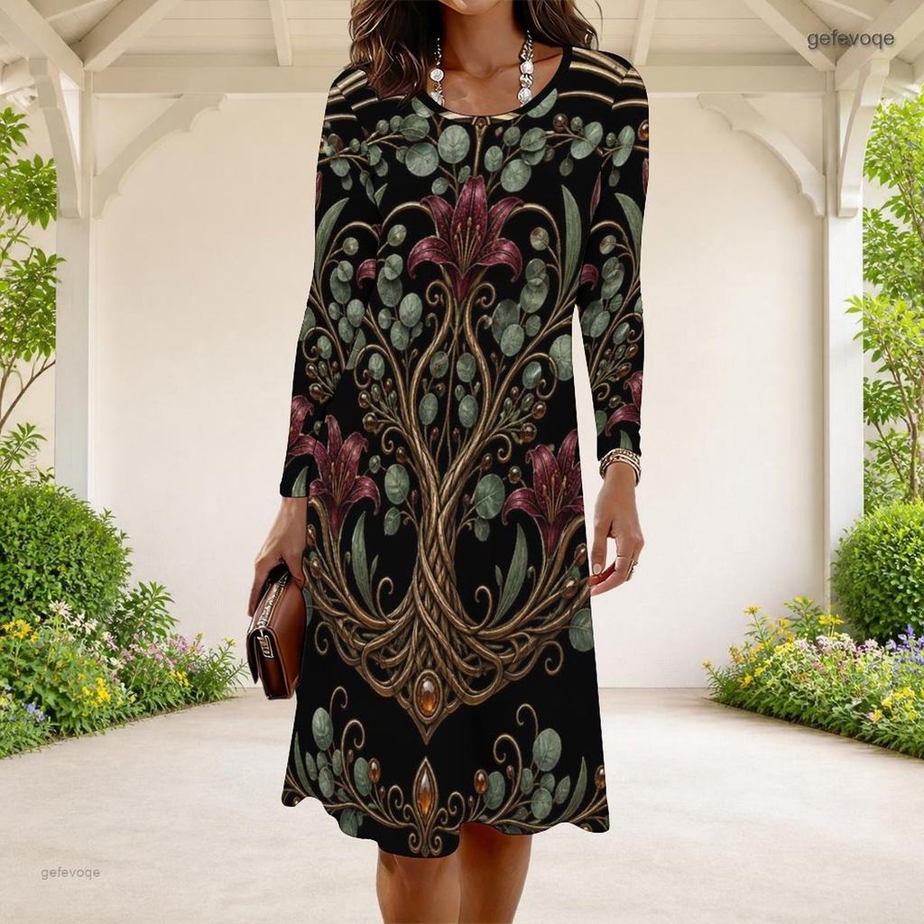 Women Plus Size Long Sleeve Round Neck Black Green Gold Printed A Line Dress