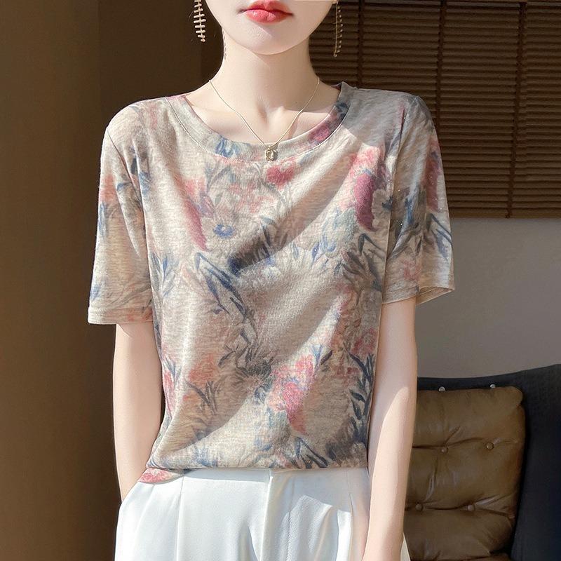Women's New Summer Tie-dye Ink Painting Short-sleeved Casual Versatile Thin Positive Shoulder Round Neck T-shirt