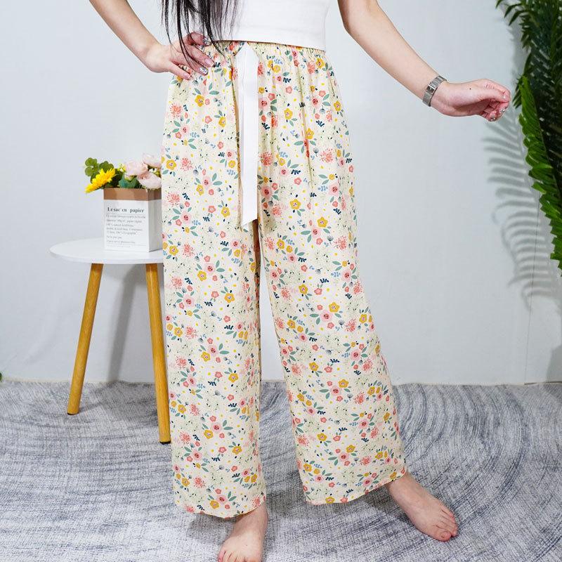 Women's Summer Cotton Silk Nine-Point Wide-Leg Pajama Pants - Plus Size, Loose, Breathable, Cooling, Ideal for Beach and Air Conditioning Comfort