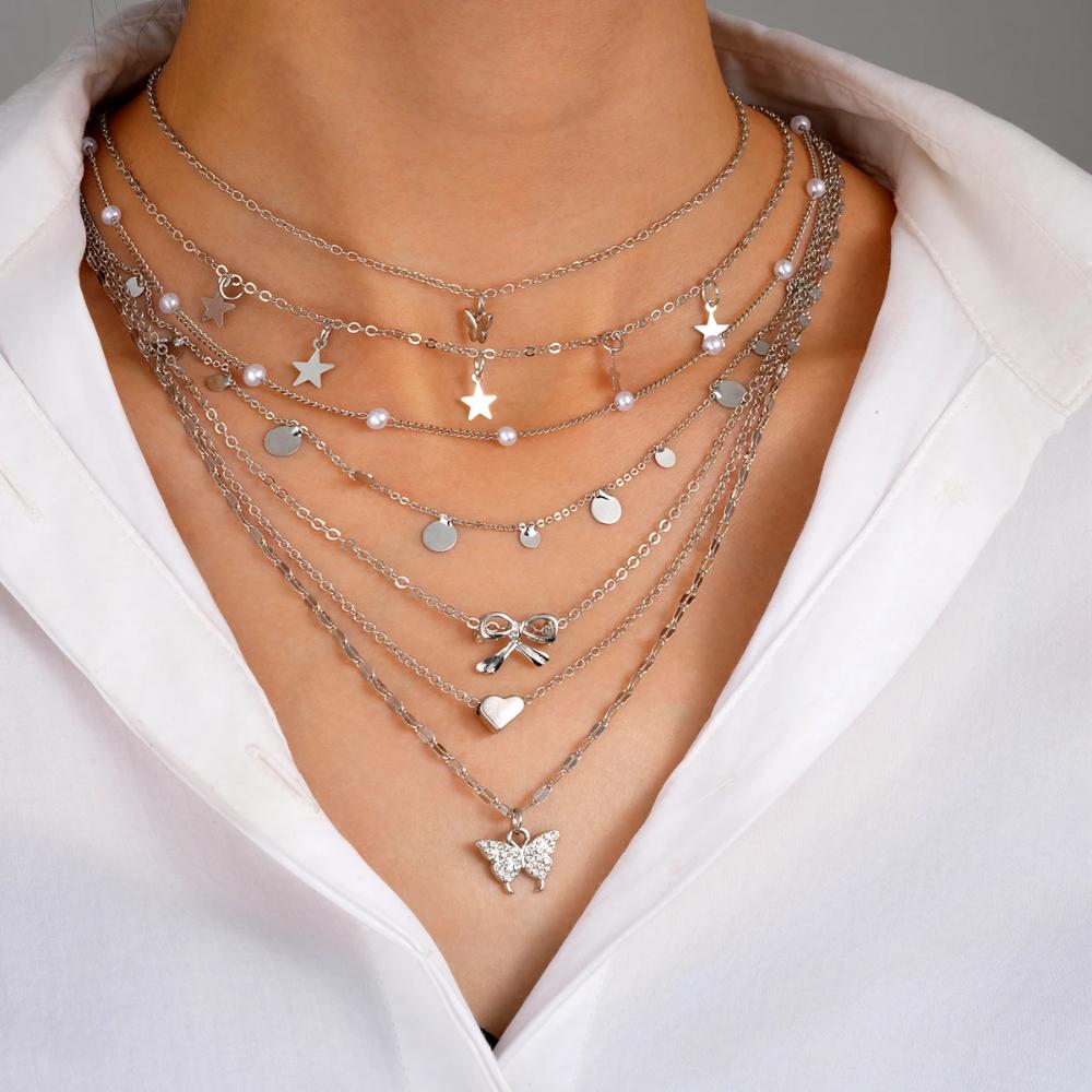 Silver Color Elegant Necklaces Set For Women Bow knot Star Butterfly Pendant Hypoallergenic Neck Chain Boho Jewelry Gifts