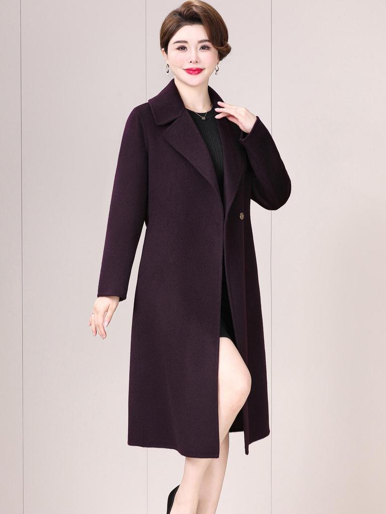 Damski dwustronny płaszcz kaszmirowy - Modny średniej długości z wiązaniem, wełniany, na jesień/zimę