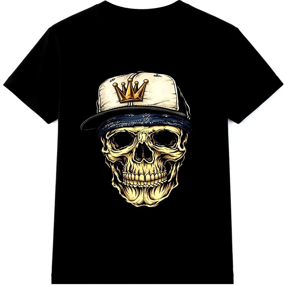 Biker Skull T Shirt Crowned Skull Rider Tattoo Style Streetwear Graphic Tee 4XL