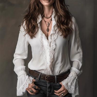 Krajková košile Dámská móda Jaro Léto Nový styl Patchwork Tenký top Dlouhý rukáv Elegantní tričko