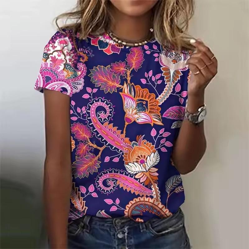 Summer Round Neck Retro Bohemian 3D Print Top Fashionable Casual Short Sleeved Women's T-shirts